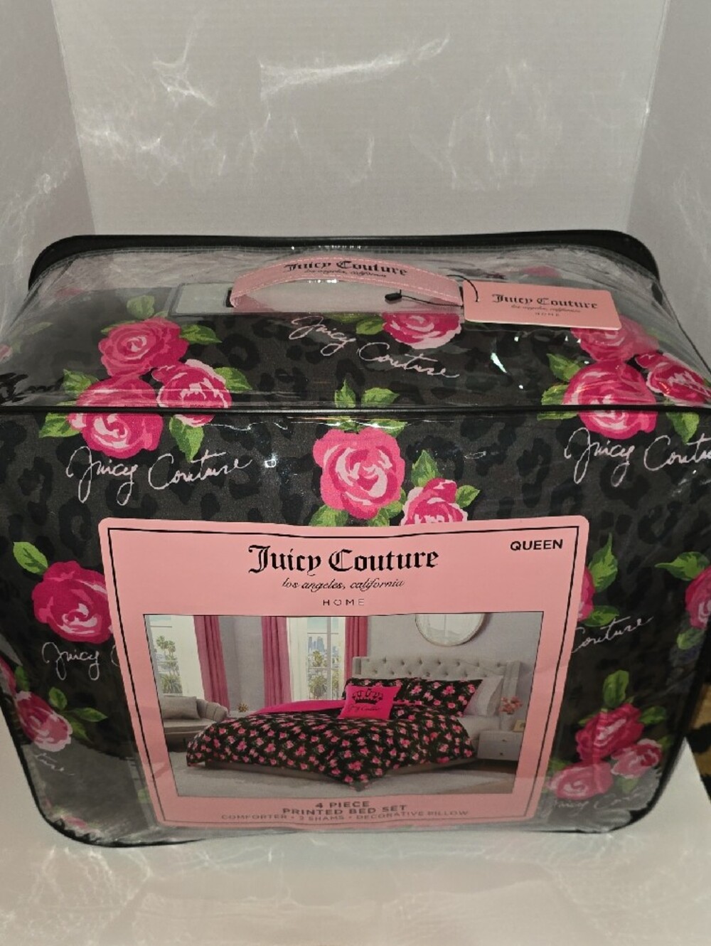 Juicy Couture Black Comforter Set with Pink Rose Print